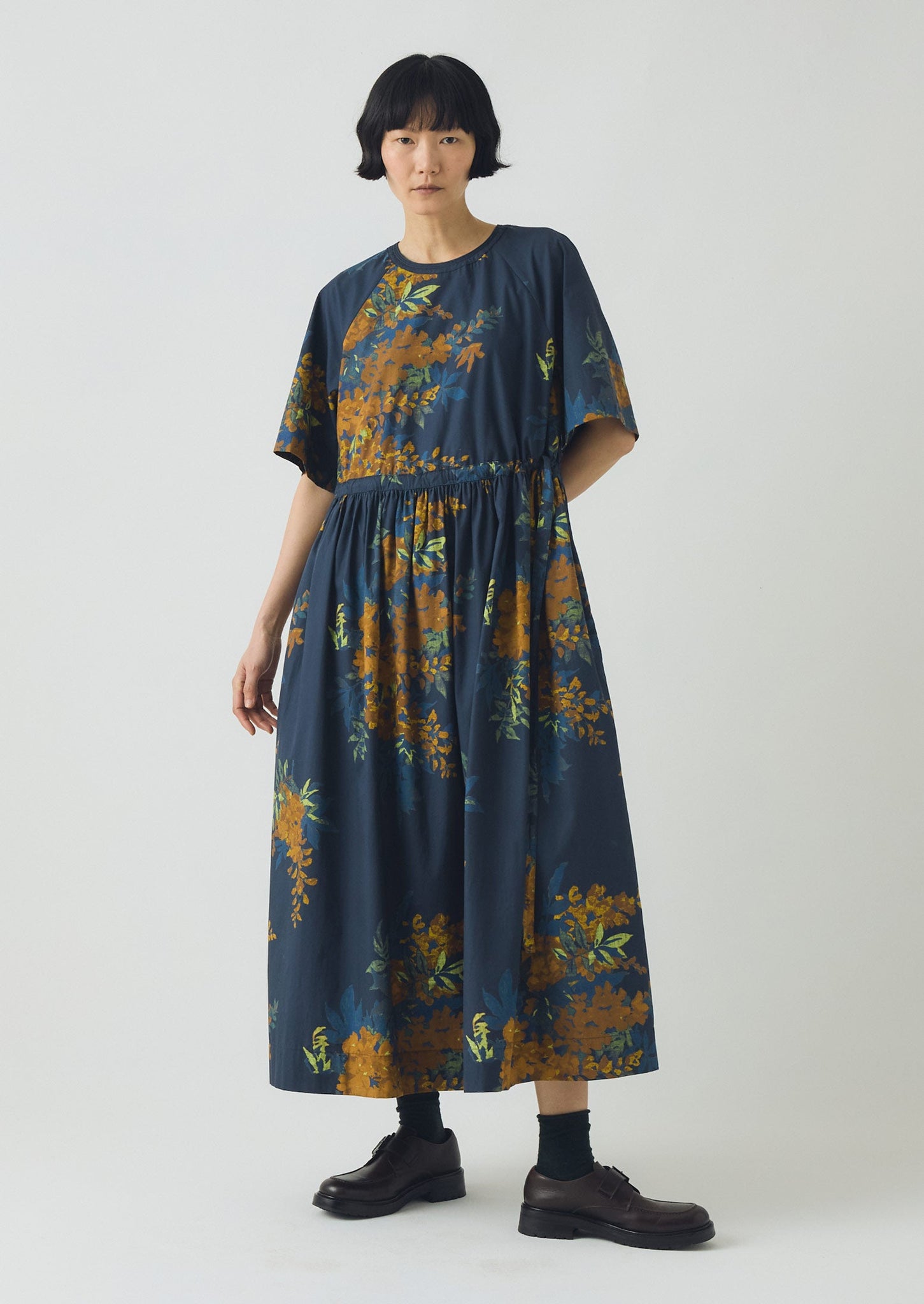 Botanical Shadow Print Cotton Dress | Shadow Blue