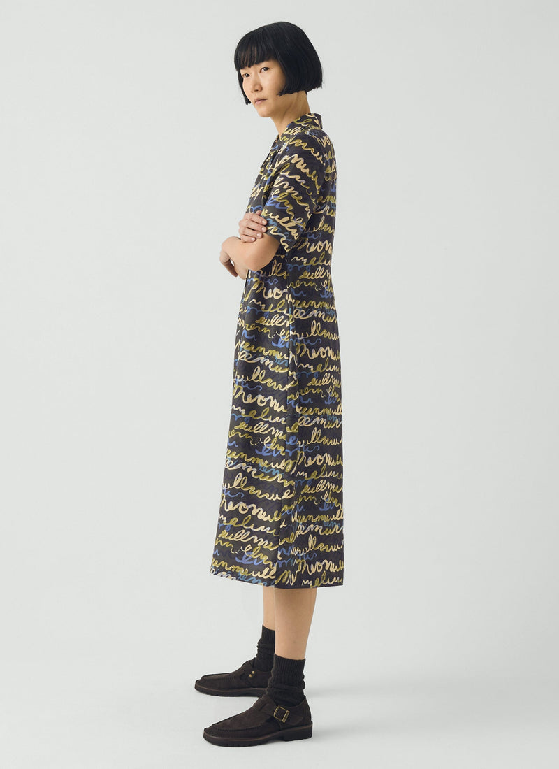 Script Print Fluid Shirt Dress | Avocado Rind