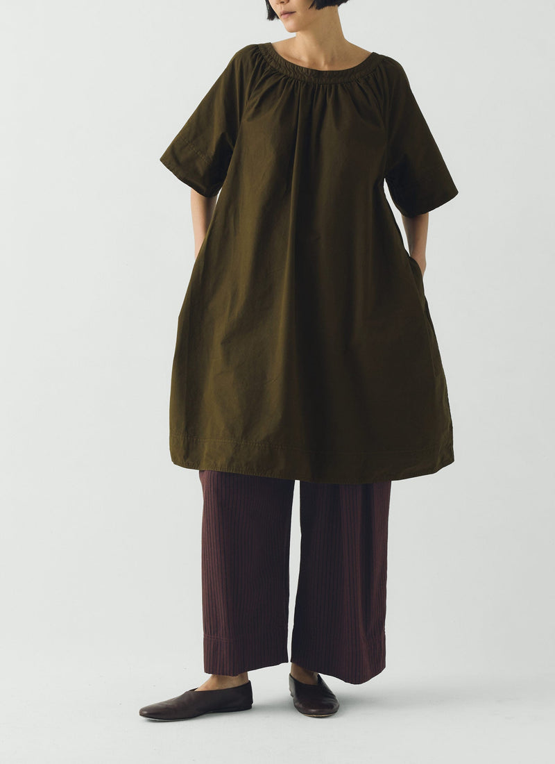 Gathered Cotton Twill Dress | Bronze Green