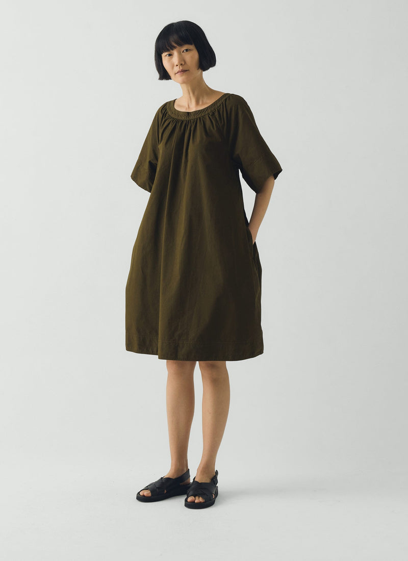 Gathered Cotton Twill Dress | Bronze Green