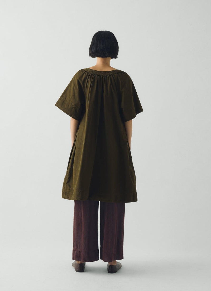 Gathered Cotton Twill Dress | Bronze Green