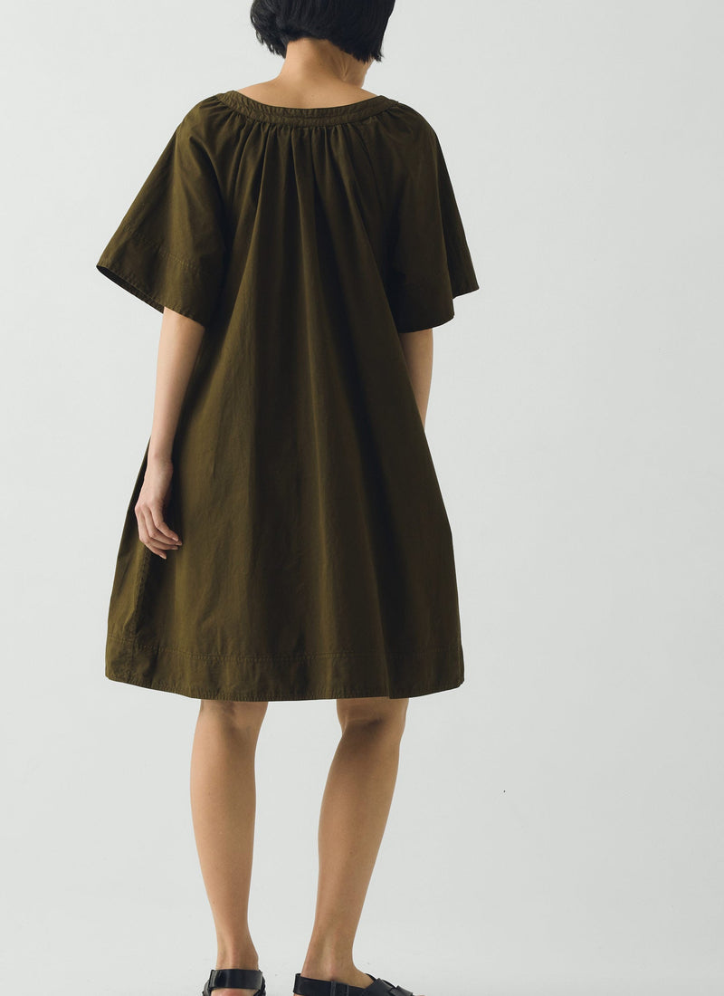 Gathered Cotton Twill Dress | Bronze Green