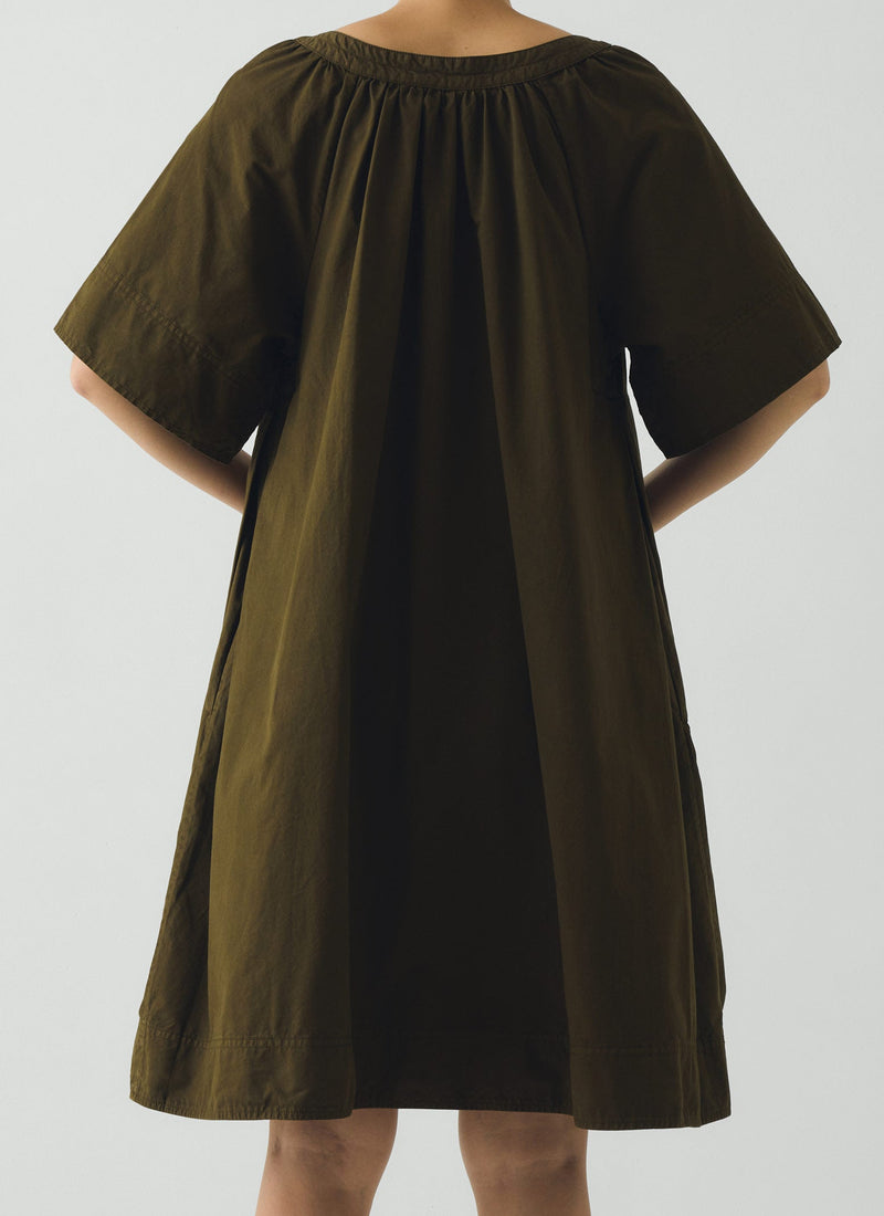 Gathered Cotton Twill Dress | Bronze Green