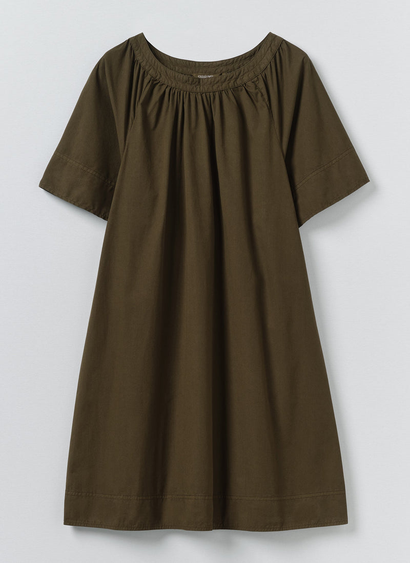 Gathered Cotton Twill Dress | Bronze Green