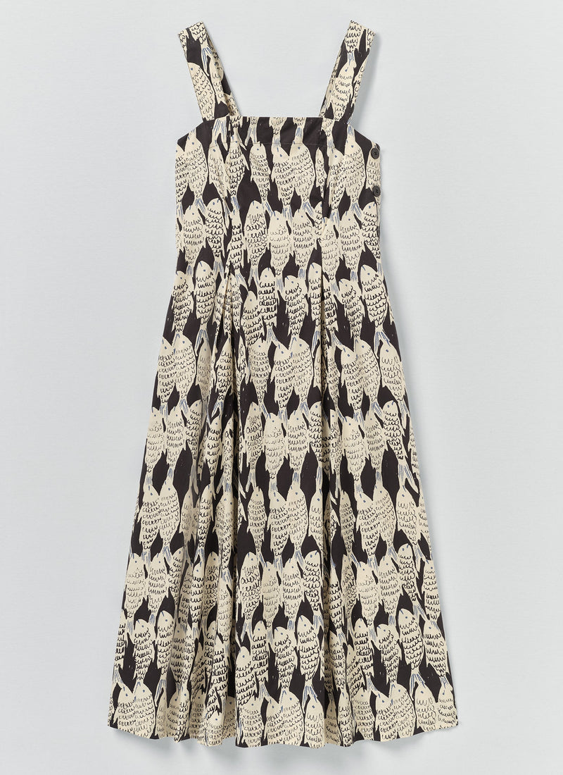 Market Fish Print Cotton Poplin Dress | Slate