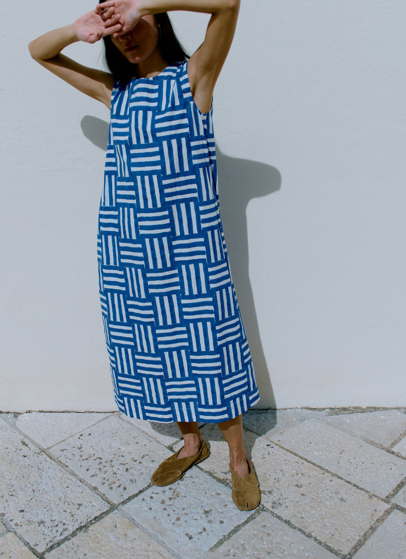 Block Print Patchwork Stripe Dress | Deep Cornflower