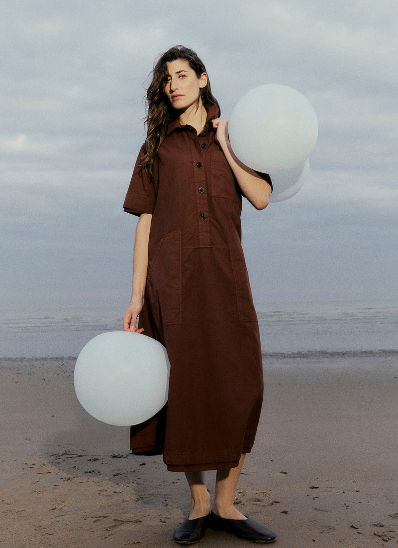 Cotton Linen Poplin Shirt Dress | Brown Ochre