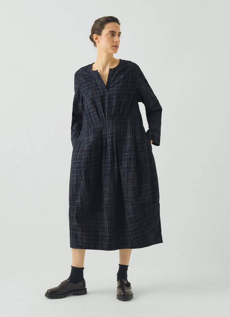 Space Dyed Indigo Check Dress | Indigo/Ecru