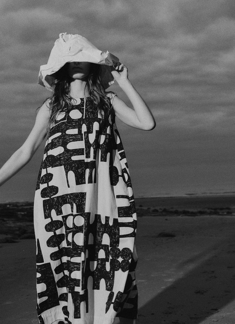 Large Totem Print Poplin Dress | Ink/Dove