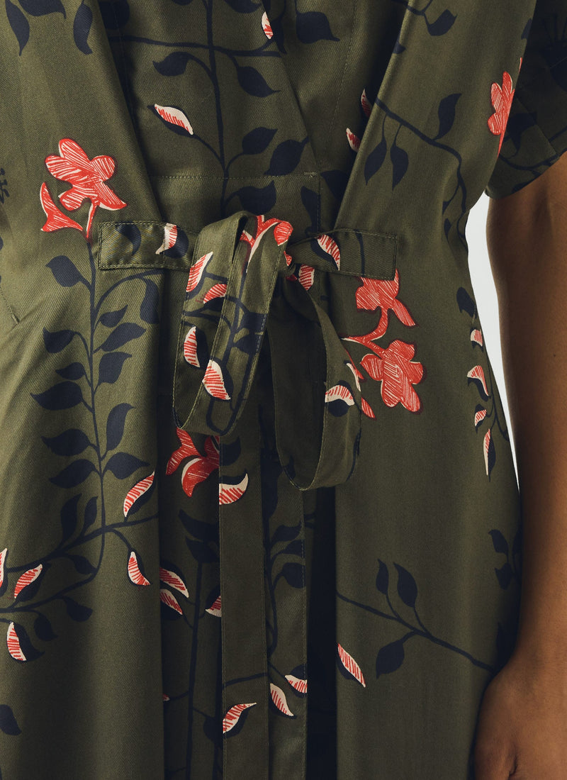 Folk Vine Print Dress | Dark Olive