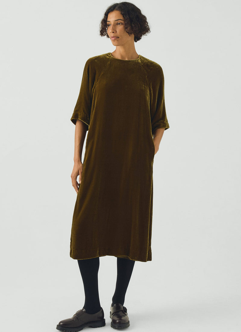 Cocoon Silk Velvet Dress | Golden Olive