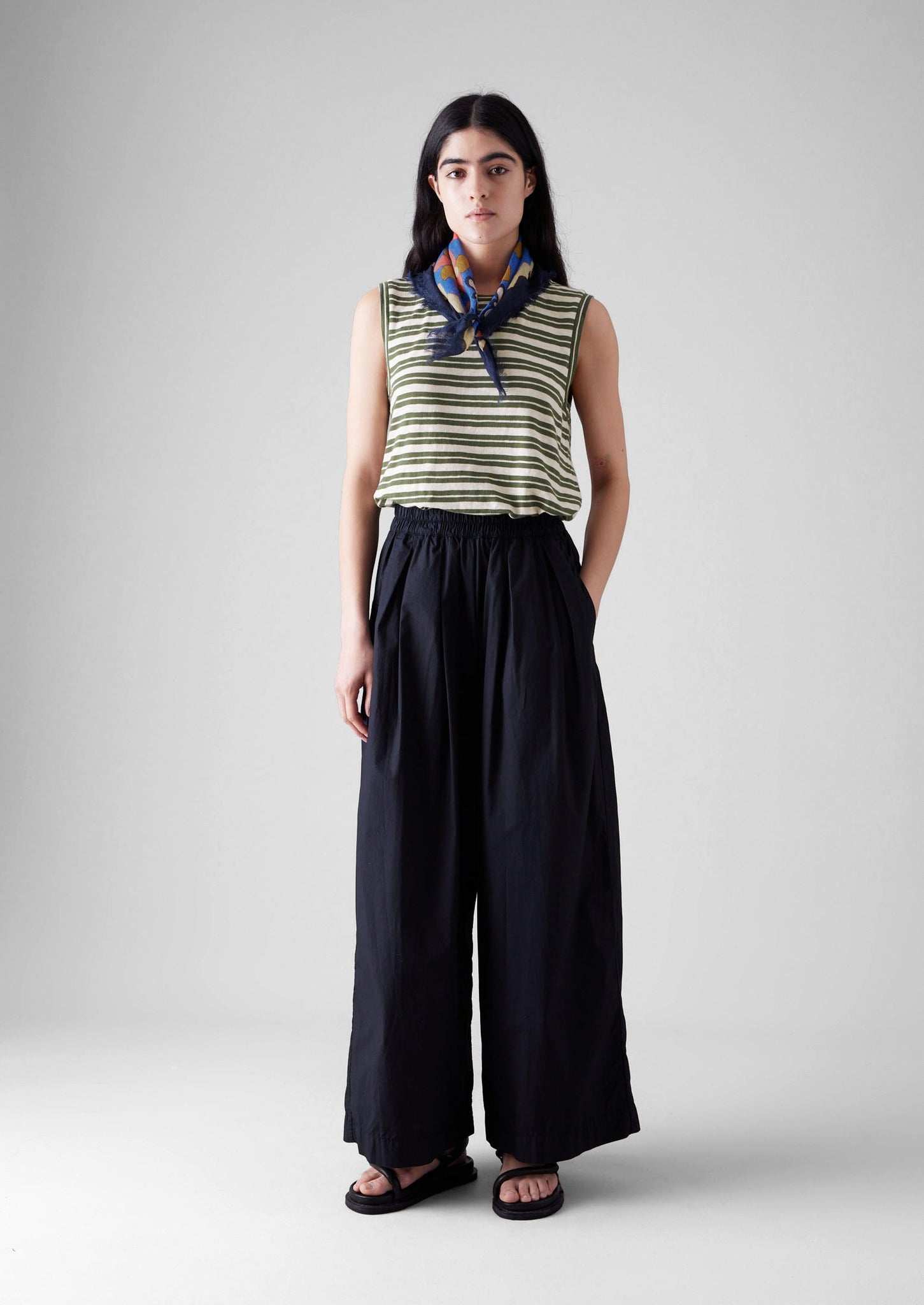 Stripe Sleeveless Tee | Dark Olive/Ecru
