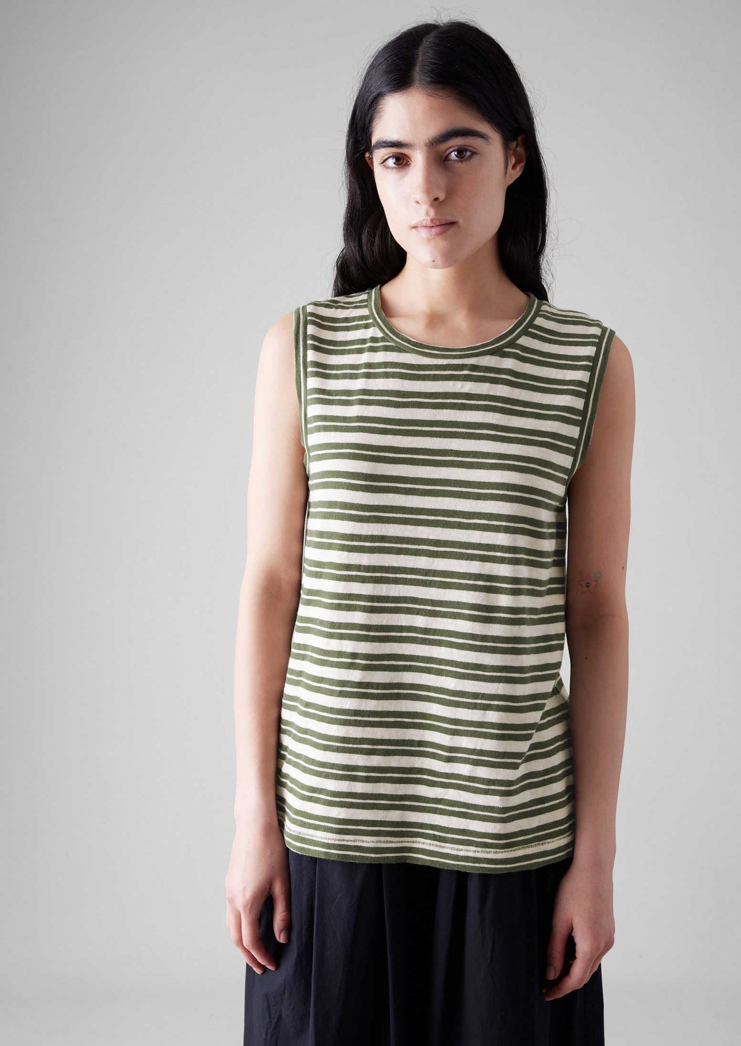 Stripe Sleeveless Tee | Dark Olive/Ecru