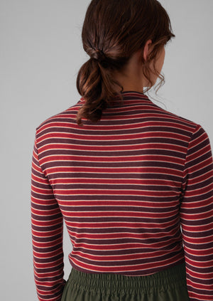 Aster Stripe High Neck Tee | Ecru/Tannat Red