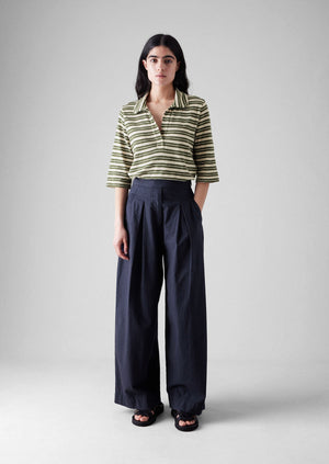 Stripe Cotton Round Collar Tee | Dark Olive/Ecru