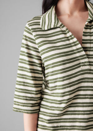 Stripe Cotton Round Collar Tee | Dark Olive/Ecru