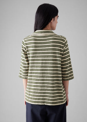 Stripe Cotton Round Collar Tee | Dark Olive/Ecru