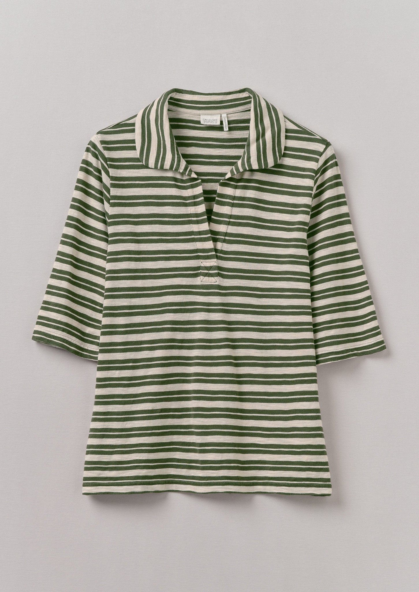Stripe Cotton Round Collar Tee | Dark Olive/Ecru