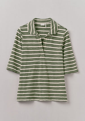 Stripe Cotton Round Collar Tee | Dark Olive/Ecru