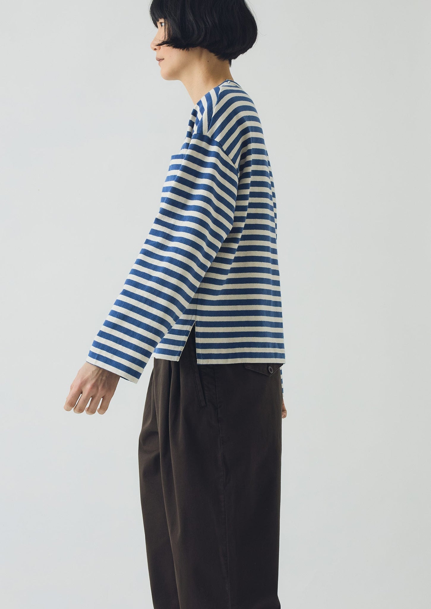 Bold Stripe Cotton Long Sleeve Tee | Delft/Ecru