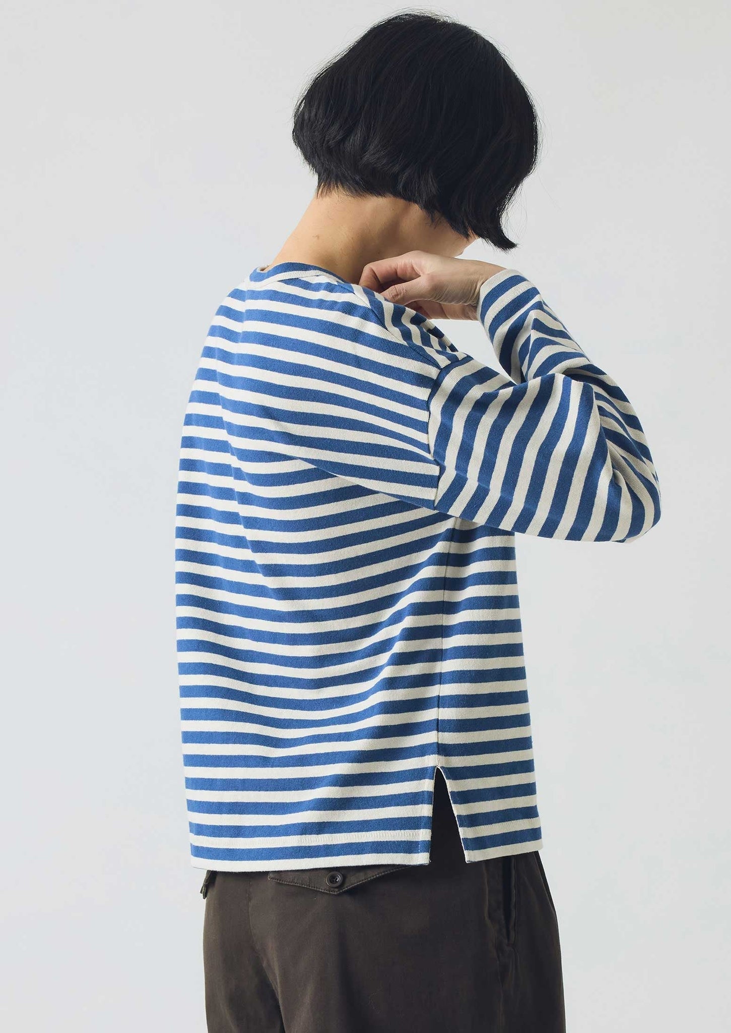 Bold Stripe Cotton Long Sleeve Tee | Delft/Ecru