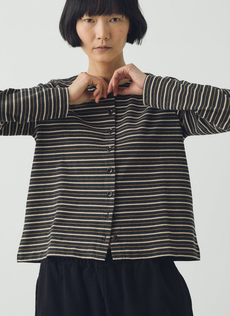 Stripe Button Through Cotton Jersey Tee | Charcoal Multi