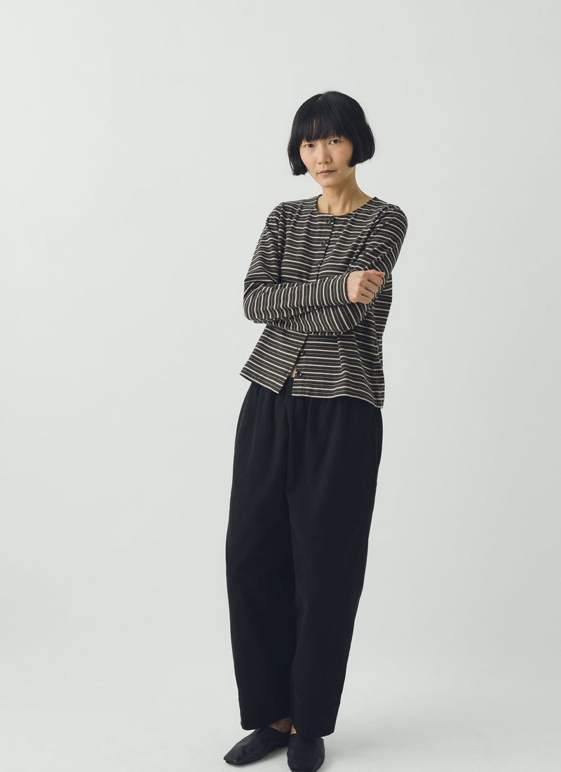 Stripe Button Through Cotton Jersey Tee | Charcoal Multi
