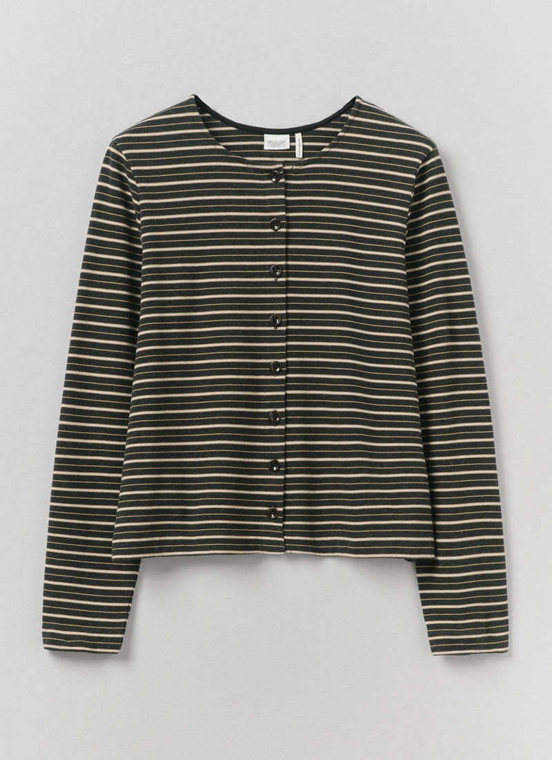 Stripe Button Through Cotton Jersey Tee | Charcoal Multi
