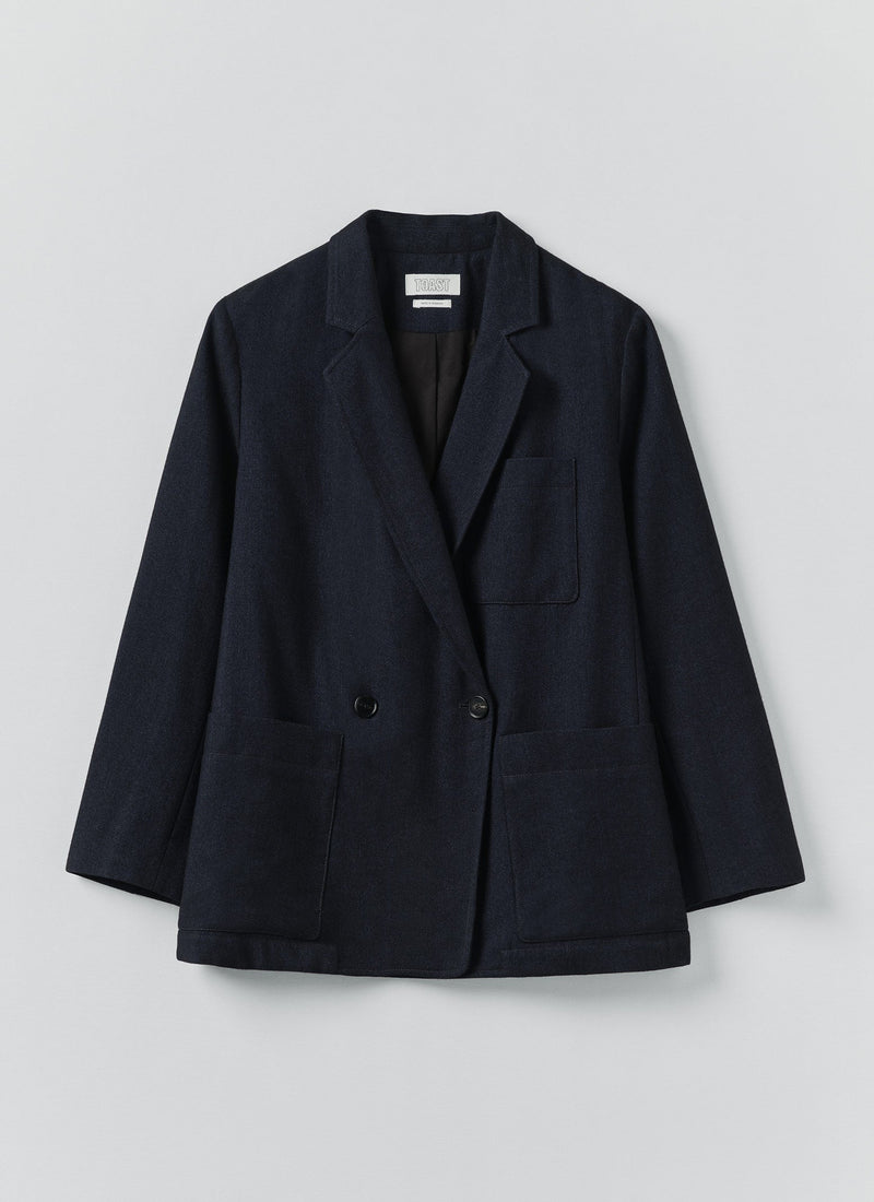 Wool Linen Double Breasted Jacket | Black Indigo