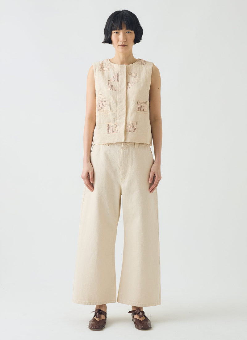 Patchwork Kantha Stitch Cotton Waistcoat | Ecru
