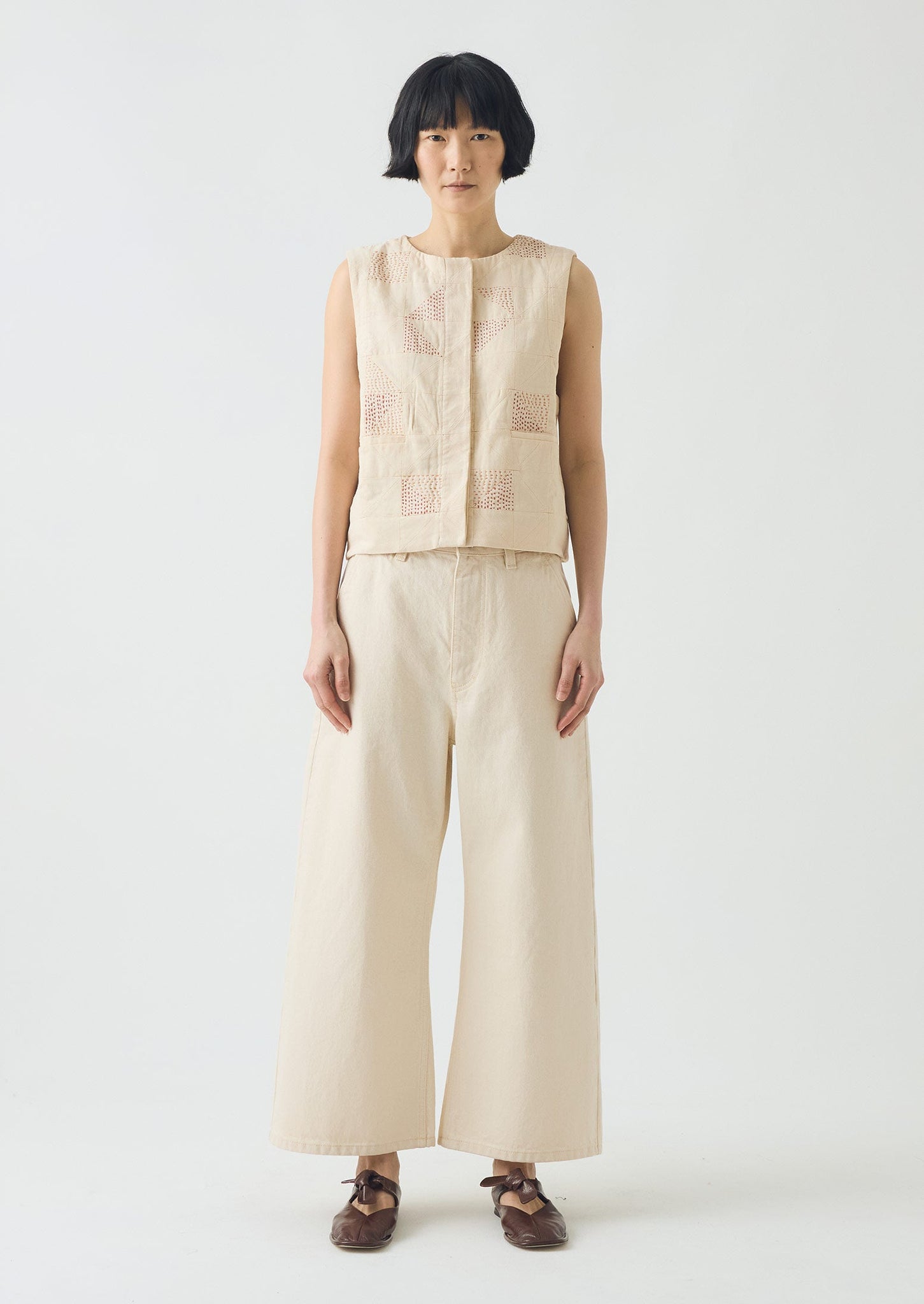 Patchwork Kantha Stitch Cotton Waistcoat | Ecru