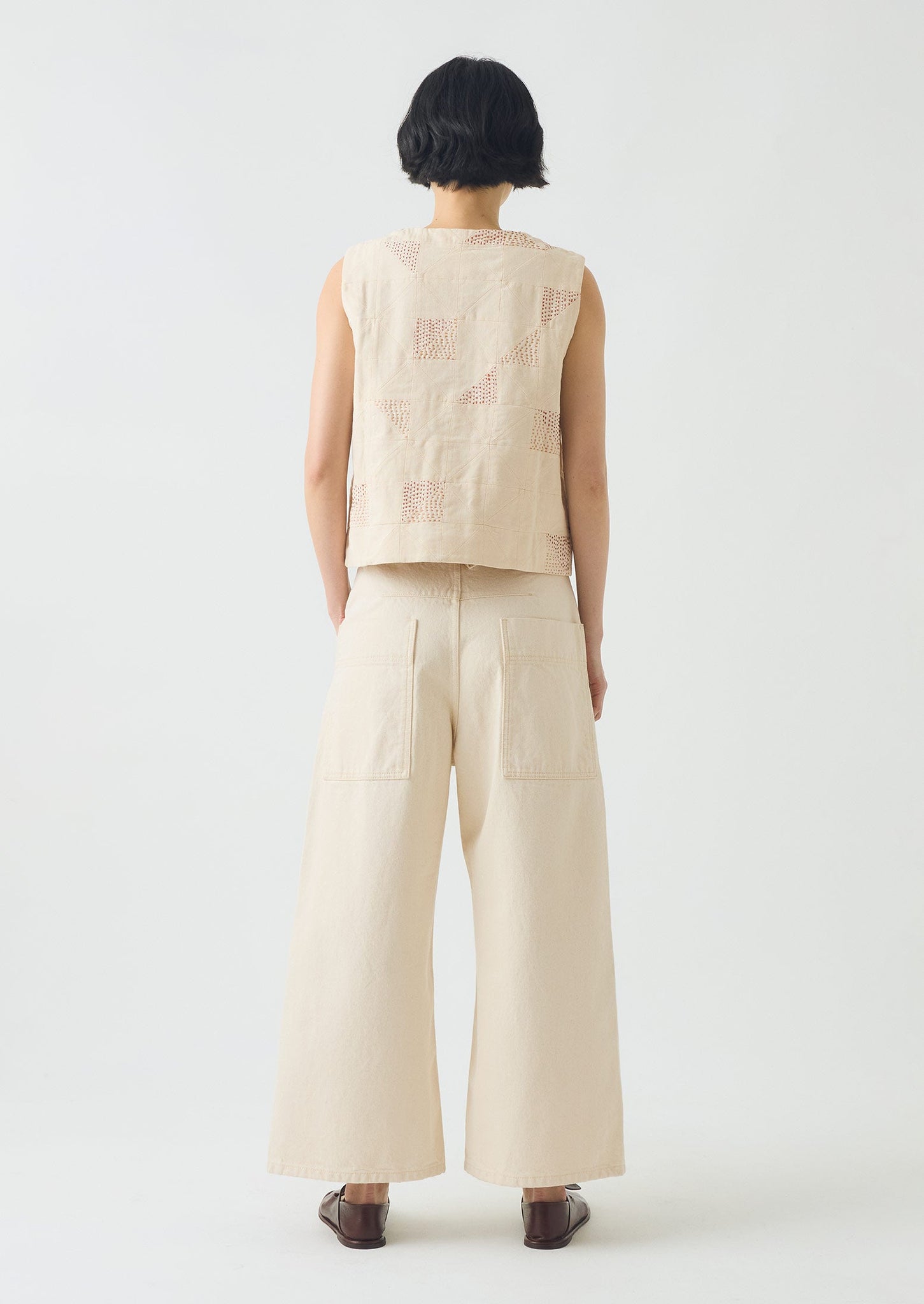 Patchwork Kantha Stitch Cotton Waistcoat | Ecru