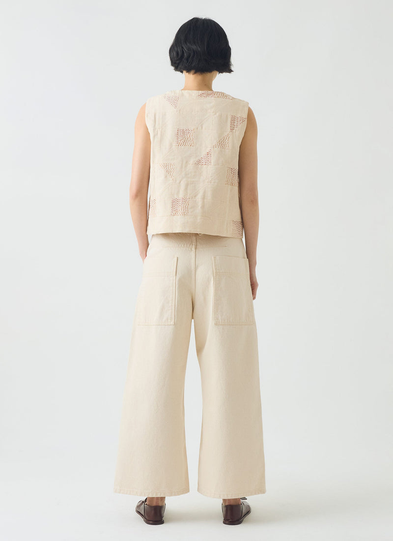 Patchwork Kantha Stitch Cotton Waistcoat | Ecru