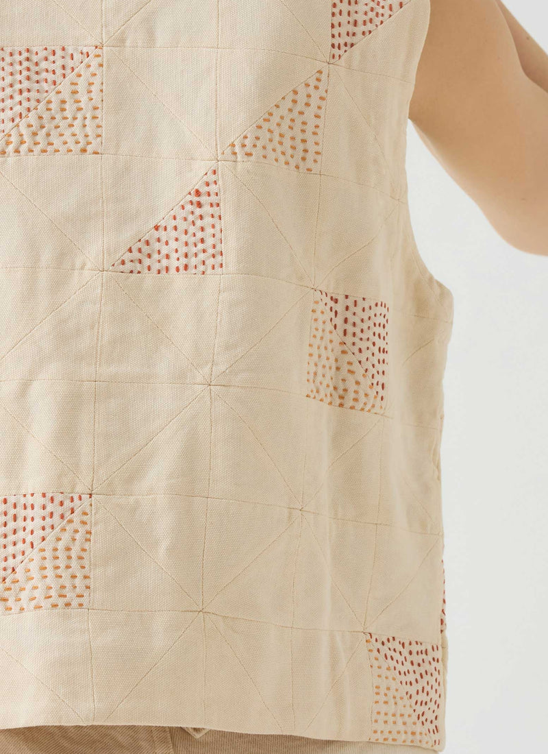 Patchwork Kantha Stitch Cotton Waistcoat | Ecru