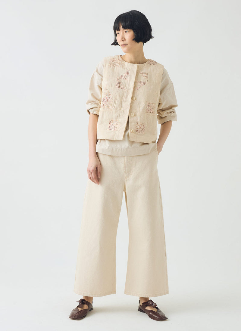 Patchwork Kantha Stitch Cotton Waistcoat | Ecru