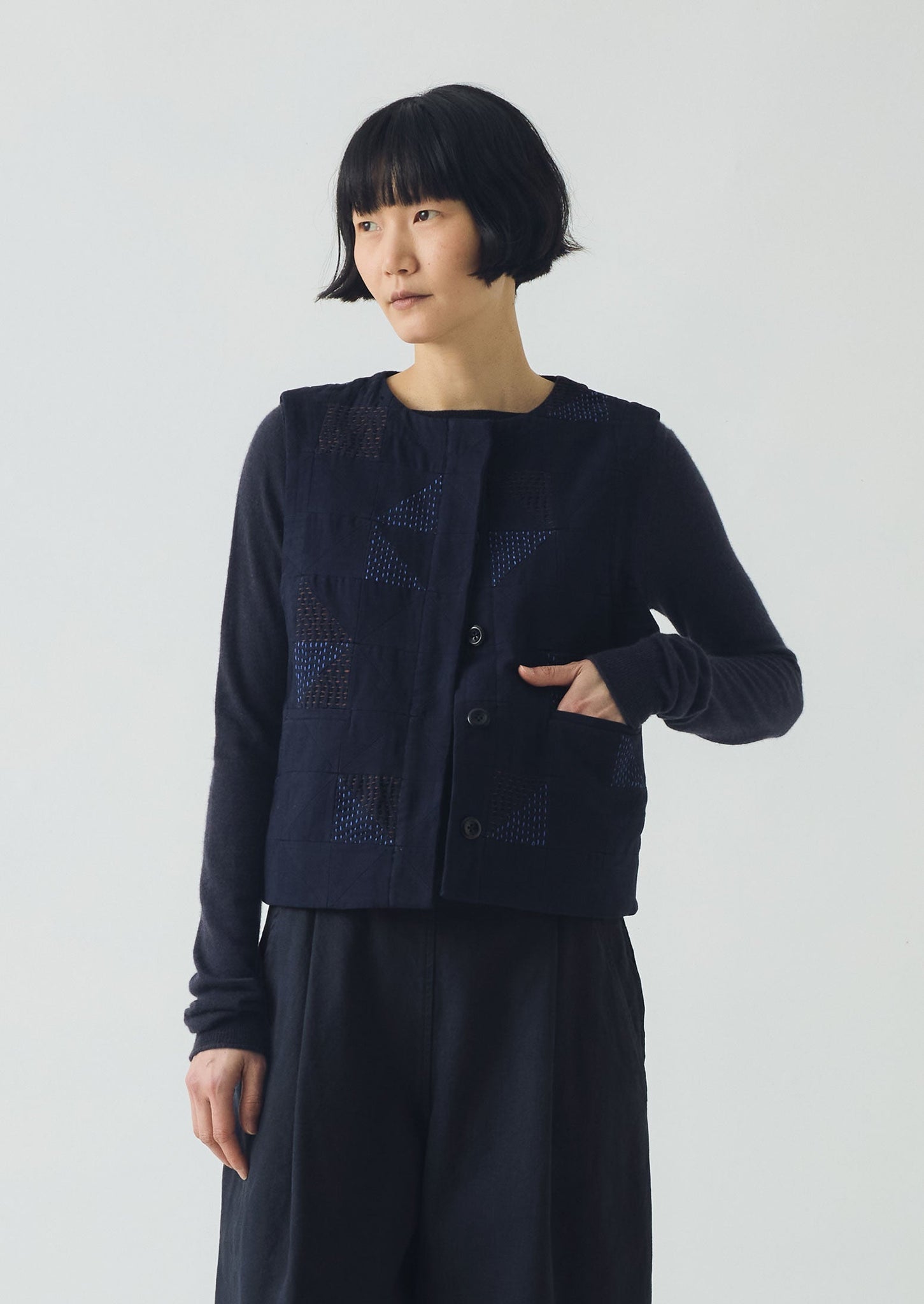 Patchwork Kantha Stitch Cotton Waistcoat | Navy