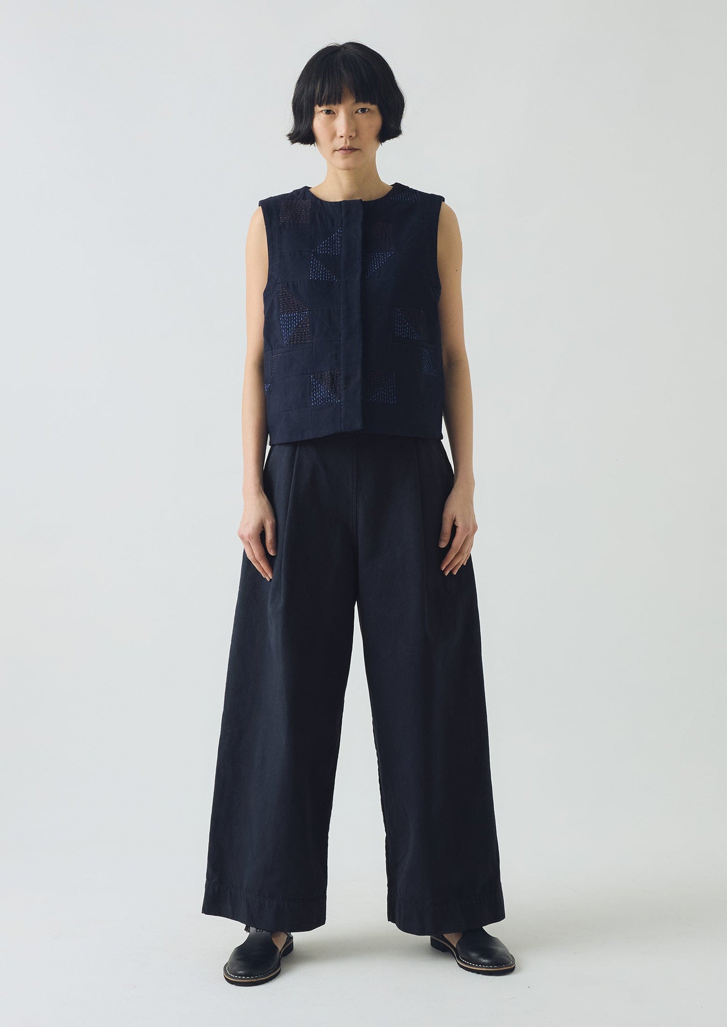 Patchwork Kantha Stitch Cotton Waistcoat | Navy