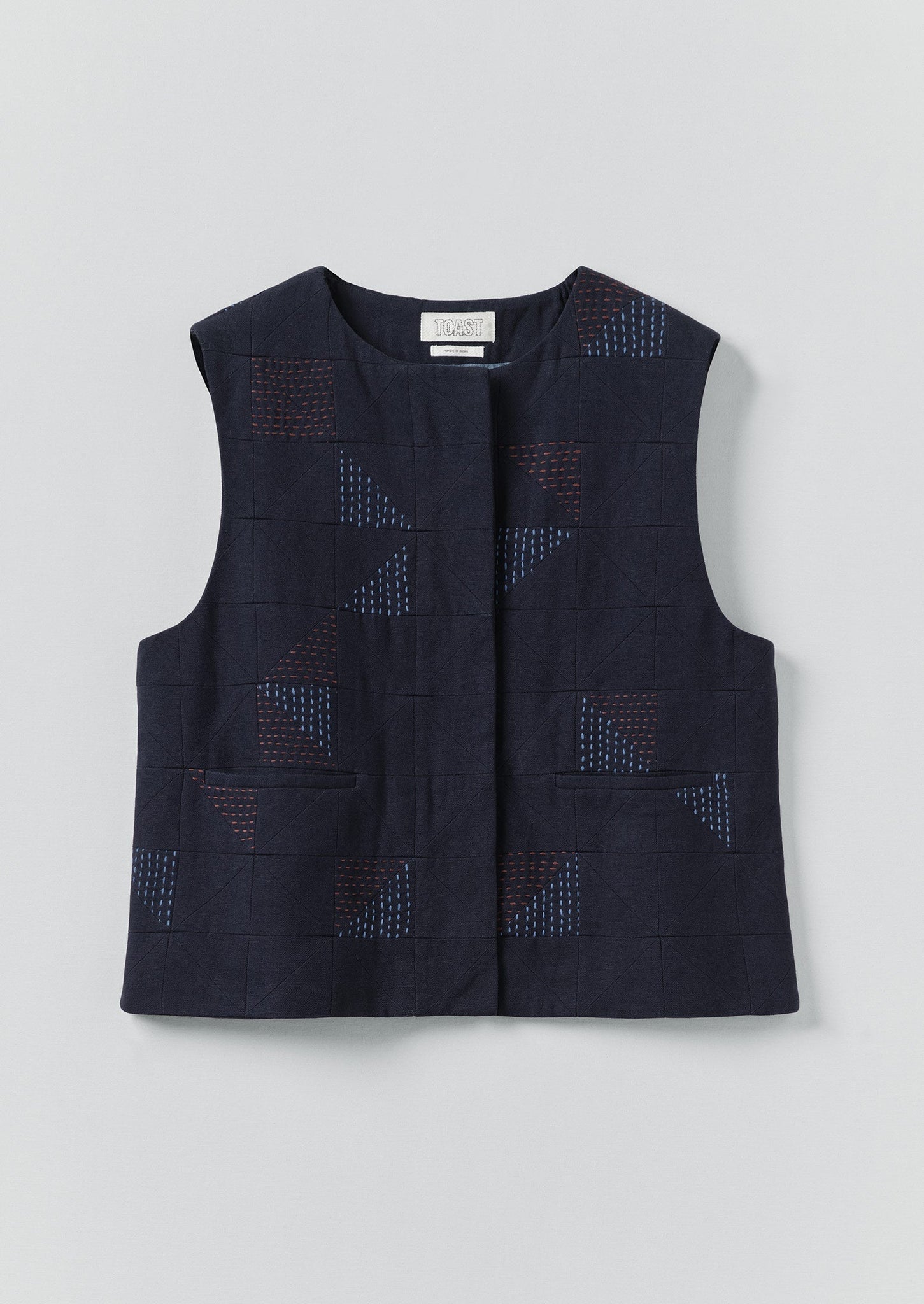 Patchwork Kantha Stitch Cotton Waistcoat | Navy