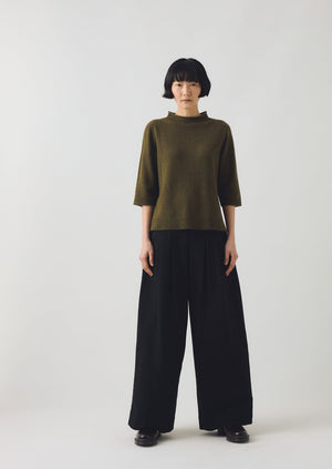 Fine Wool Cashmere Half Sleeve Sweater | Olive Melange
