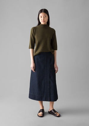 Fine Wool Cashmere Half Sleeve Sweater | Olive Melange