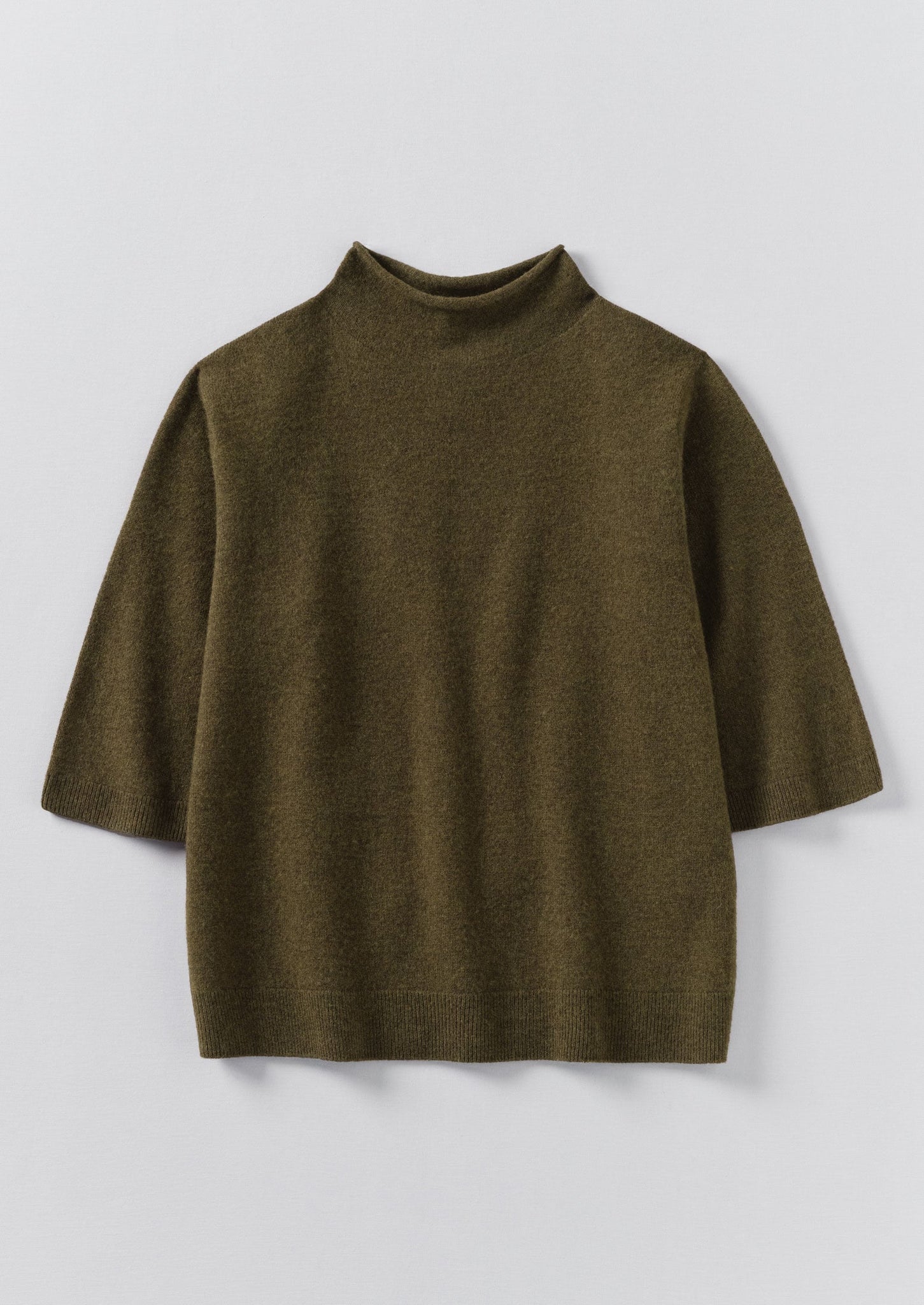Fine Wool Cashmere Half Sleeve Sweater | Olive Melange