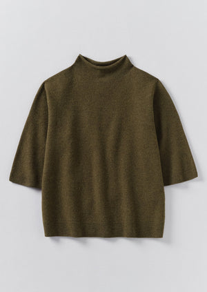 Fine Wool Cashmere Half Sleeve Sweater | Olive Melange