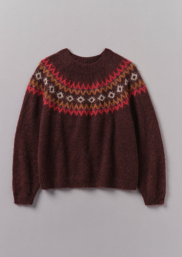 Fair Isle Yoke Mohair Blend Easy Sweater | Red Multi