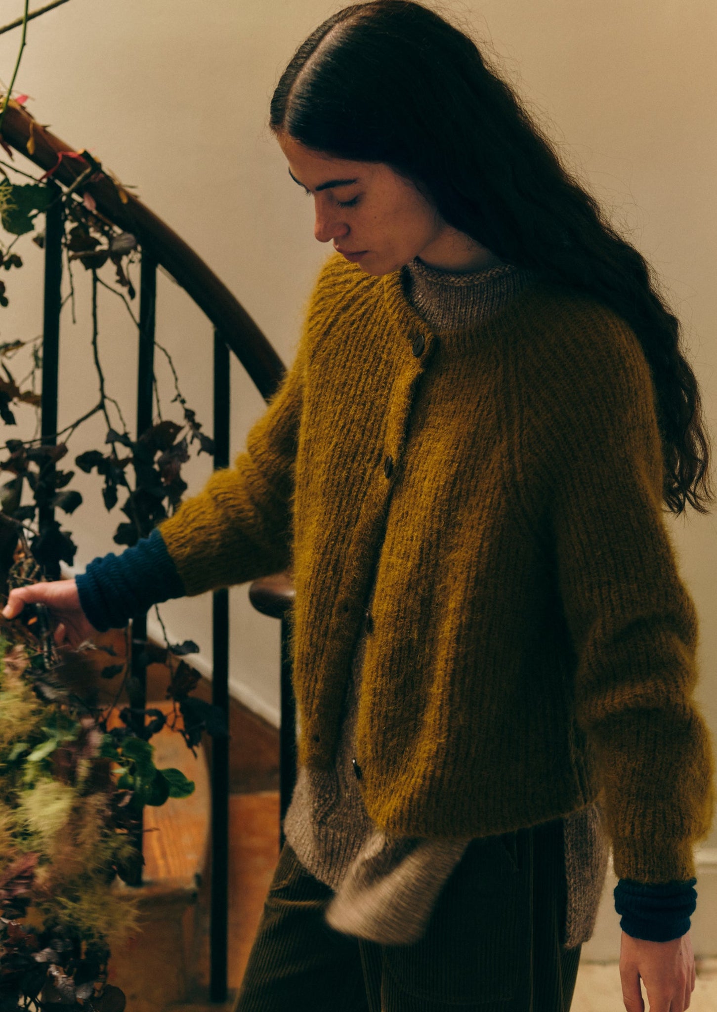 Ribbed Mohair Blend Cardigan | Old Gold