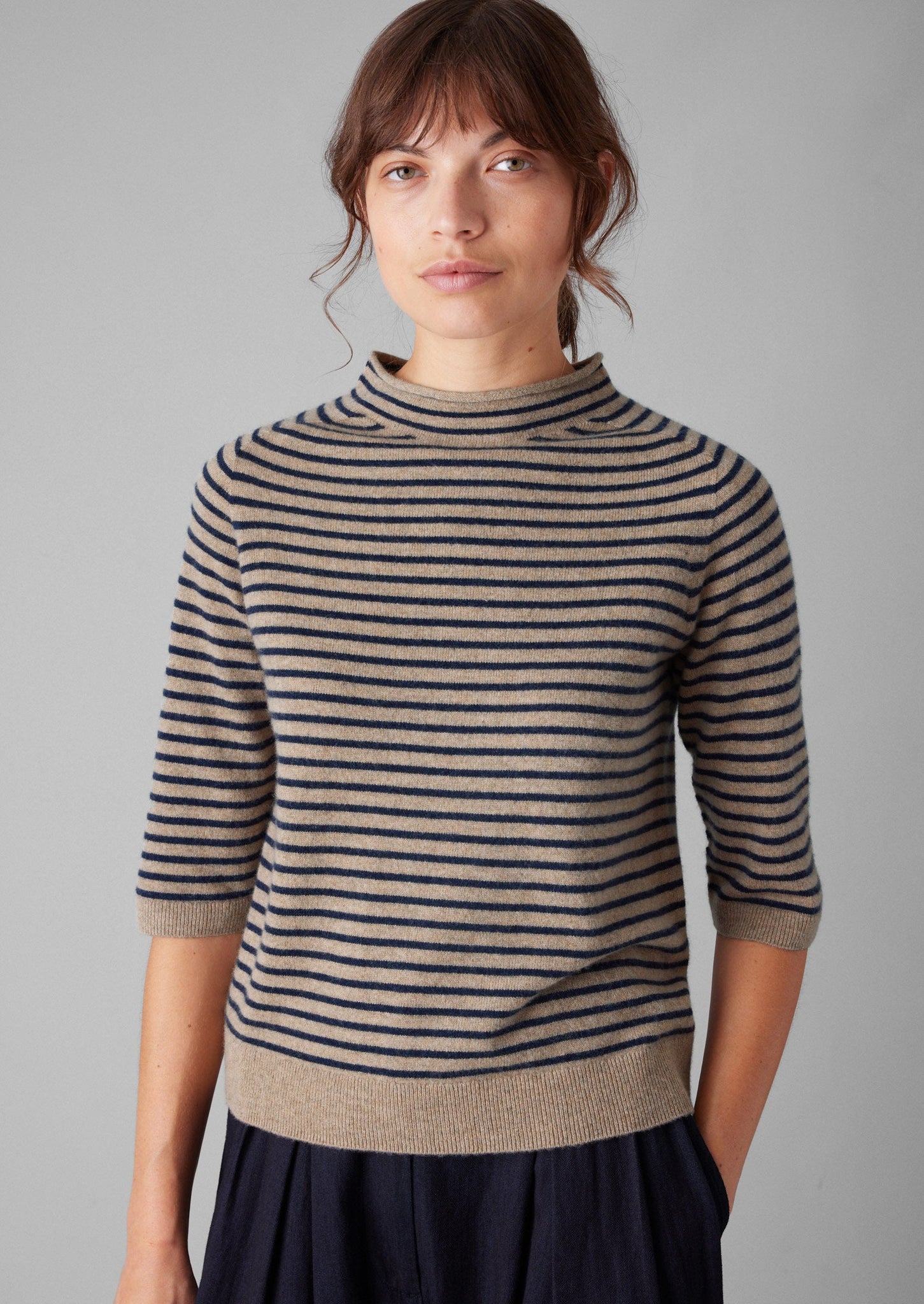 Stripe Wool Cashmere Half Sleeve Sweater | Biscuit/Anthracite