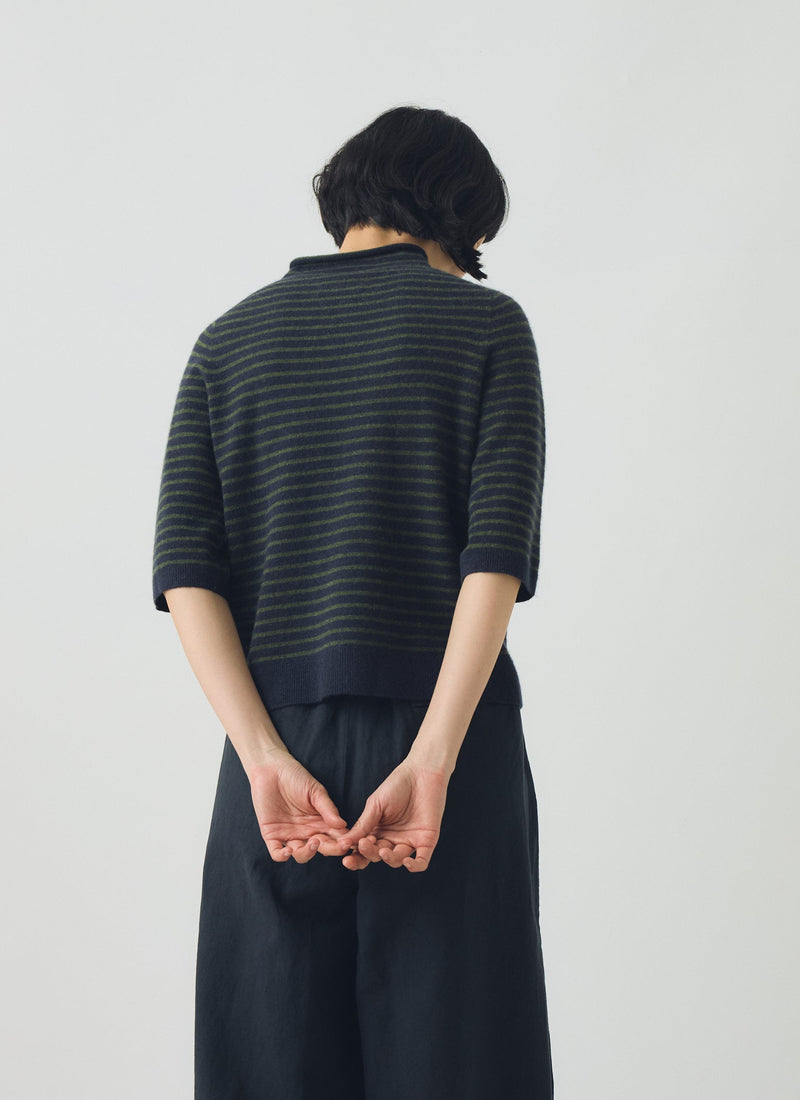 Stripe Wool Cashmere Half Sleeve Sweater | Dark Navy/Olive