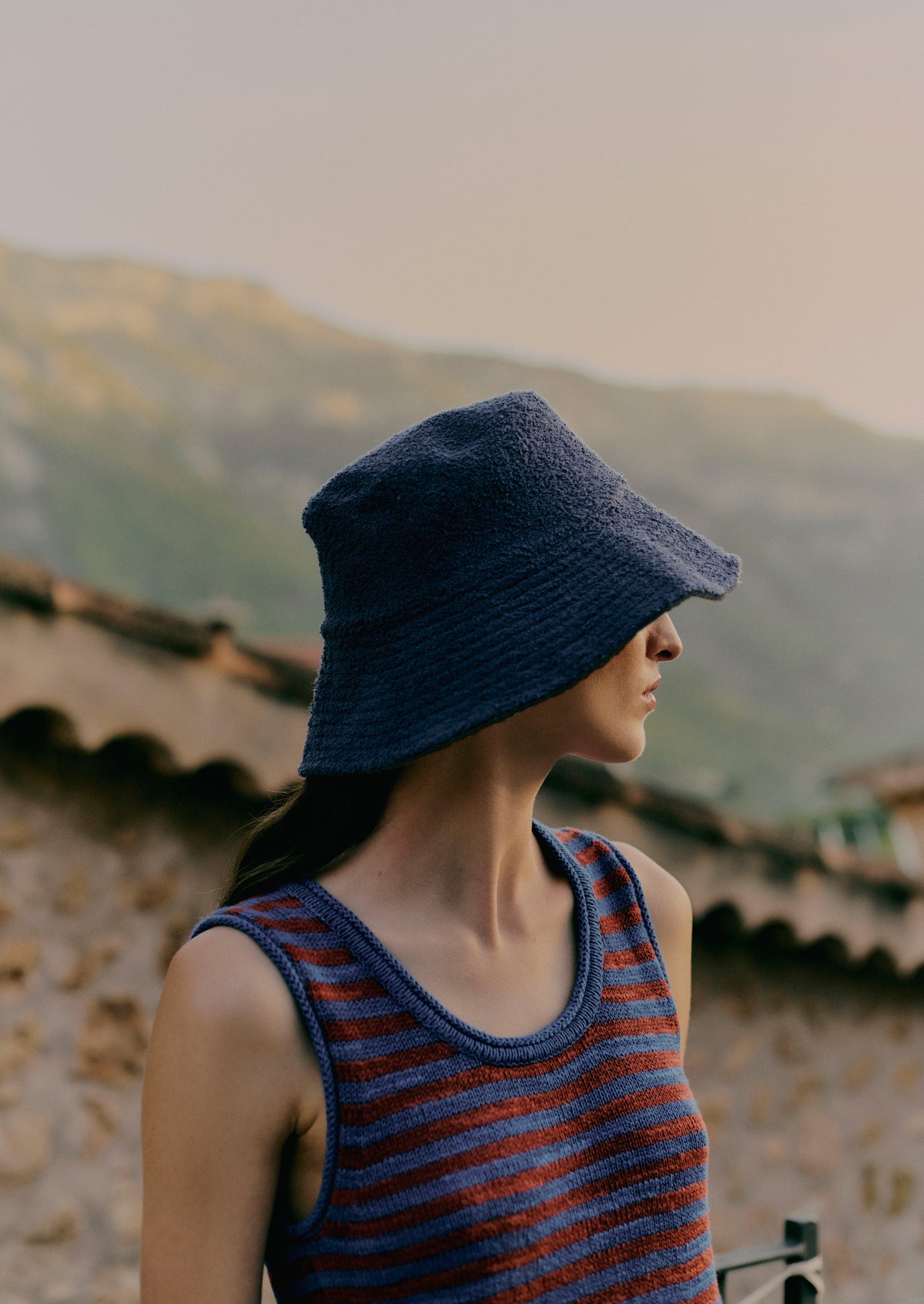 Stripe Linen Cotton Knitted Vest | Bluebird/Brick