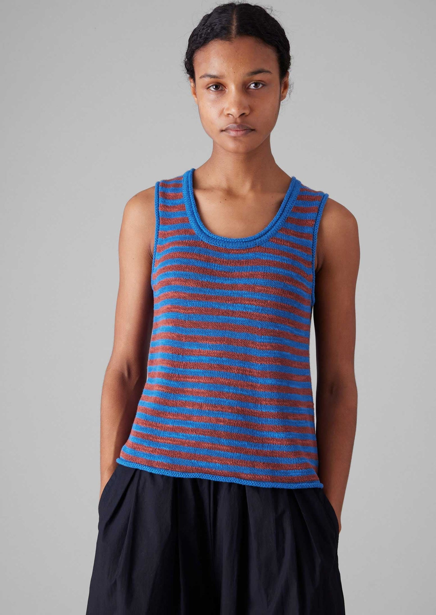 Stripe Linen Cotton Knitted Vest | Bluebird/Brick