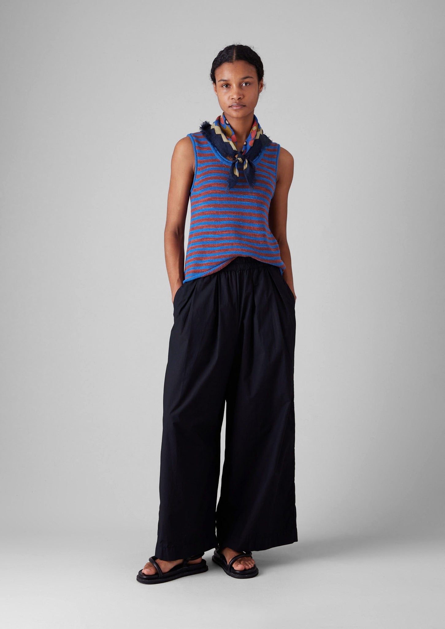 Stripe Linen Cotton Knitted Vest | Bluebird/Brick