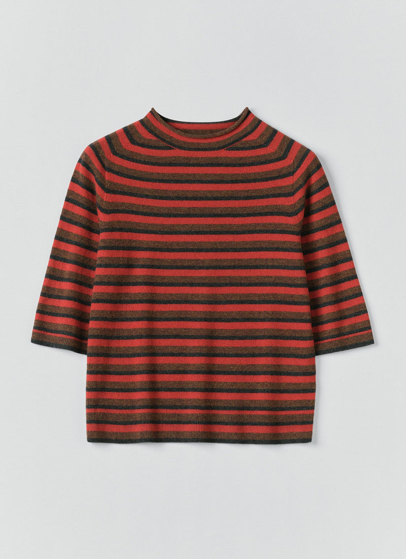Stripe Wool Cashmere Half Sleeve Sweater | Red Multi